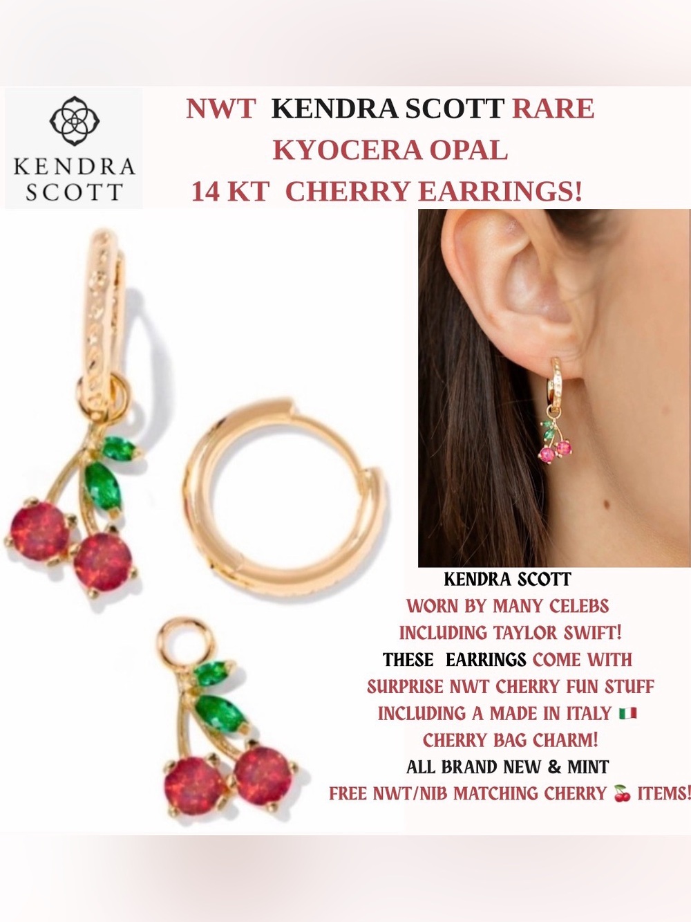 NWT! KENDRA SCOTT REMOVABLE CHARM 🍒 EARRINGS! 14K/ RARE KYOCERA OPAL! CELEB FAV!